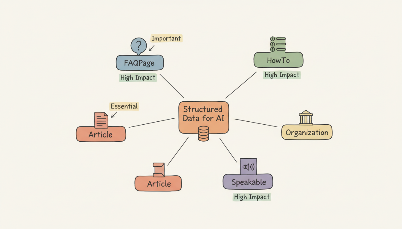 Infographic showing how structured data connects a website to Google search results and AI search tools