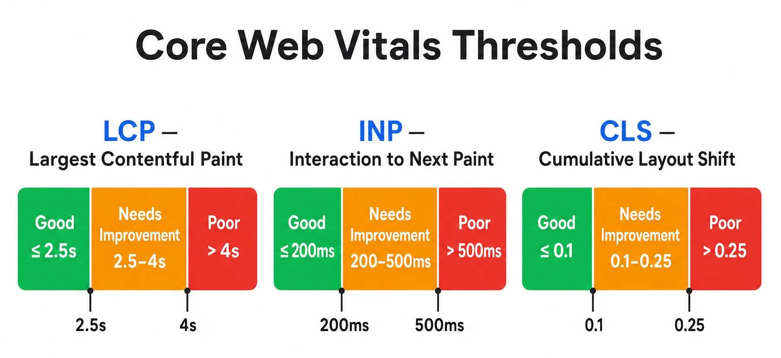 Core Web Vitals 2026 thresholds chart for LCP, INP, and CLS