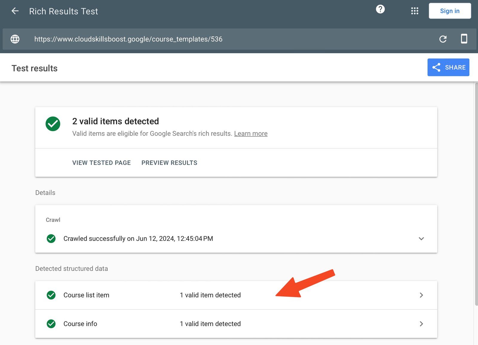Google Rich Results Test tool showing a successfully validated structured data page