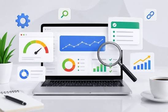 Reviewing website SEO audit data on a laptop dashboard
