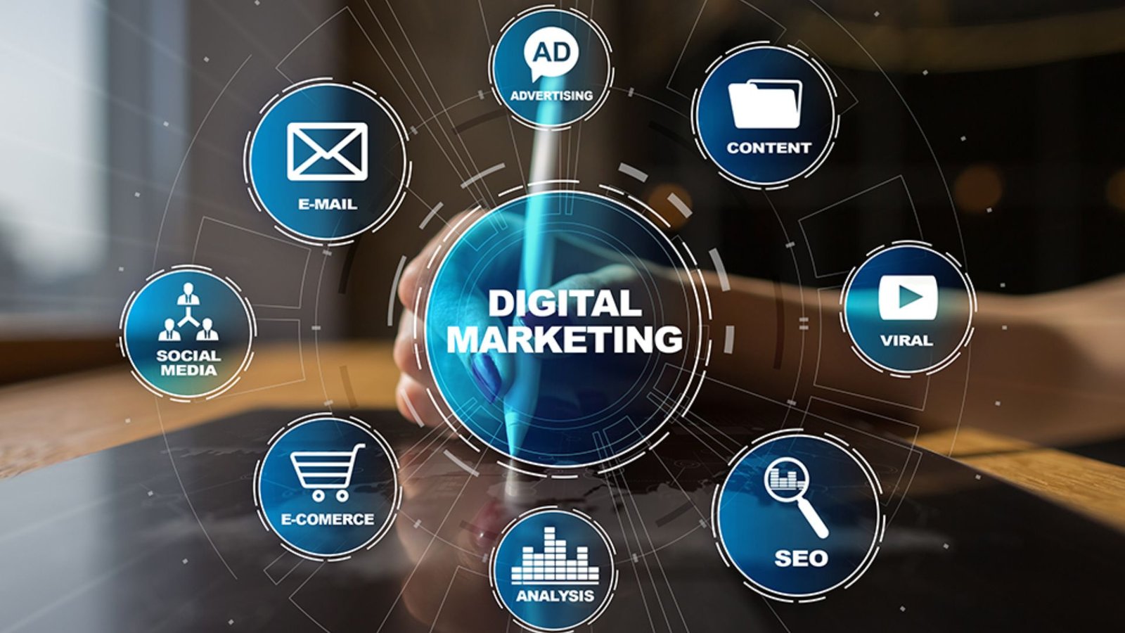 Digital marketing ecosystem showing AI search, social media, voice search, and personalization trends in 2026