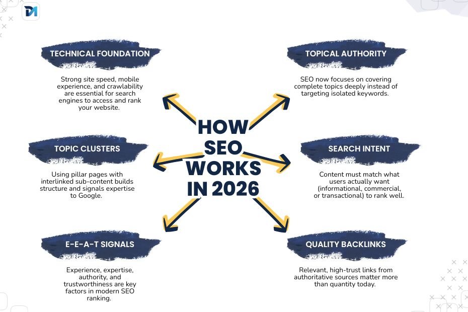 SEO agency workflow showing keyword research, content creation, technical SEO, and AI search optimization process