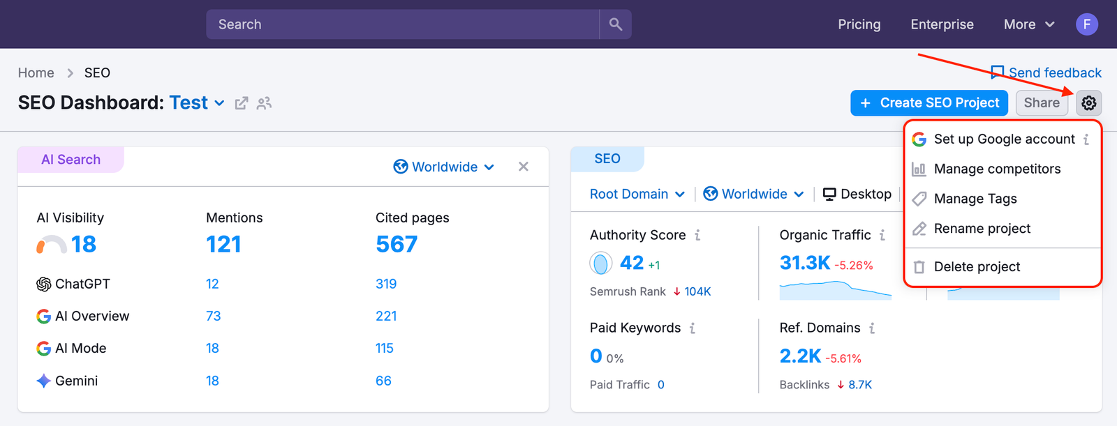 Semrush SEO dashboard showing keyword research and site audit data