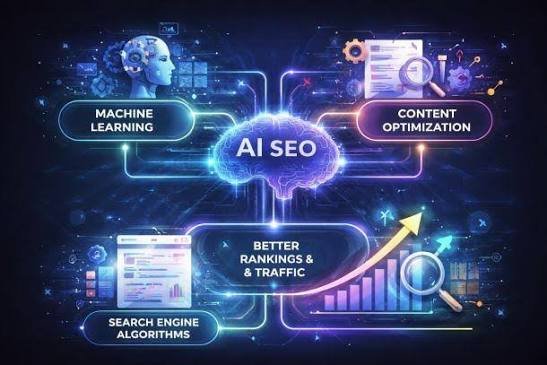Infographic showing AI applications across keyword research, technical SEO, content, backlinks, analytics, and PPC