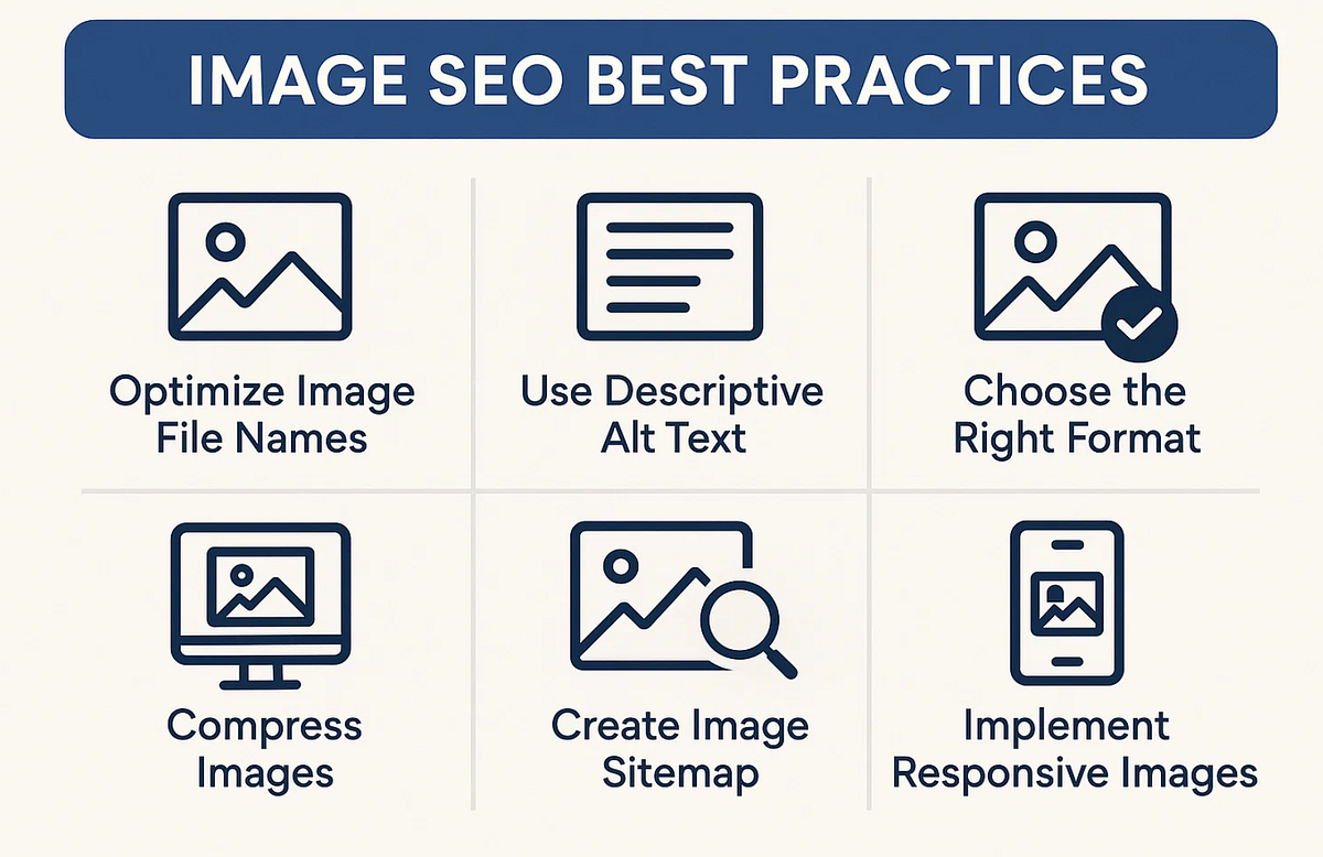 Ten-point image SEO checklist covering format, compression, file names, alt text, responsive images and lazy loading.