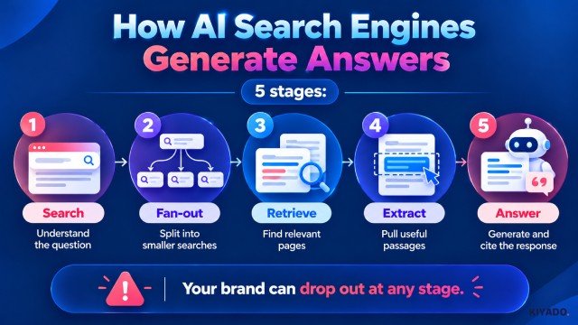 Four-step diagram of how AI search builds an answer from a question, retrieved pages, selected passages and cited sources.